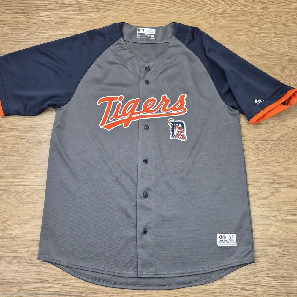 Detroit Tigers True Fan Genuine Button Down Short Sleeve Jersey MLB Blue Gray XL
